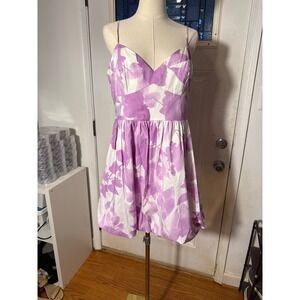 Express Purple Floral Bubble Hem Mini  dress  smocked hem Back Pockets Large NWT